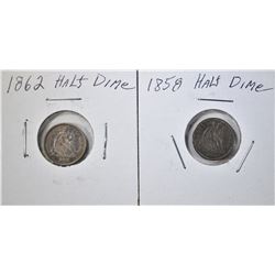 1858  VF & 1862 AU SEATED HALF DIMES