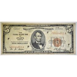 1929 $5 FEDERAL RESERVE BANK OF ATLANTA