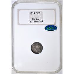 1859 3 CENT SILVER NGC MS-64 CAC