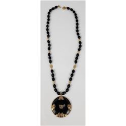 Antique Chinese 14k Gold Black Jade Necklace