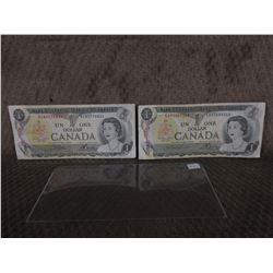 2 - 1973 Canadian 1 Dollar Bills