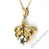Image 4 : Antique Art Nouveau 14kt Yellow Gold Natural Pearl and Sapphire Tulip Pendant Ne