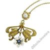 Image 7 : Antique Art Nouveau 14kt Yellow Gold Natural Pearl and Sapphire Tulip Pendant Ne