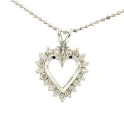 14k White Gold 0.40 ctw Round Brilliant Diamond Open Heart Pendant 16" Bead Chai