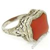 Image 1 : Art Deco Etched 14kt White Gold Custom Cut Carnelian Solitaire Filigree Ring