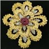 Image 1 : Vintage French 18K TT Gold 4.27 ctw Diamonds & Ruby Textured Flower Burst Brooch