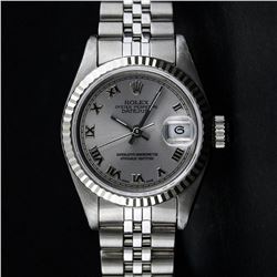 Rolex Ladies Stainless Steel Slate Grey Roman White Gold Bezel Datejust Wristwat