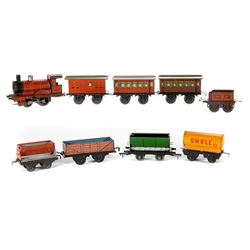 O gauge Bing wind up 5 piece passenger train, JEP dump car, Fandor gondola, Tank and dump unbranded