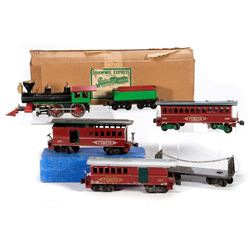 O Gauge Thomas Industries Locomotive, (2) 1869 Red Combine Cars, 1869 Red Coach Car and Pulpwood Car