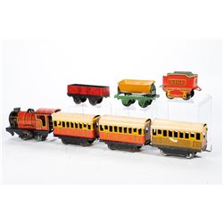 O Gauge Hornby 6161 Locomotive and Tender with (3) 4 wheel passenger cars and (2) 4 wheel freight ca