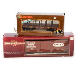 Lionel Large Scale (G Scale) Union Pacific Flat Car with Stakes; Bachman G scale Orchard Supply Hard