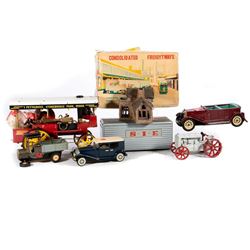 Lot of (11) tin toy vehicles, gumball bank, ceramic house