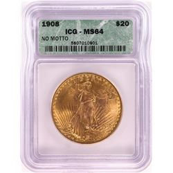 1908 No Motto $20 St. Gaudens Double Eagle Gold Coin ICG MS64