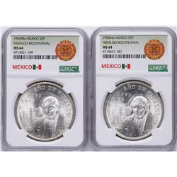 Lot of (2) 1953Mo Mexico Hidalgo Bicentennial 5 Pesos Silver Coins NGC MS64