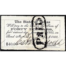 1863 $40 State of Texas Bond Coupon Obsolete Note