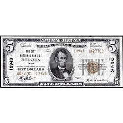 1929 $5 City National Bank of Houston, TX CH# 13943 National Currency Note