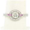 Image 2 : 14k Solid White Gold 0.85 ctw Round Pave Set Diamond & Pink Sapphire Halo Ring