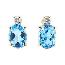 2.06 ctw Oval Cut Swiss Blue Topaz and Diamond Earrings - 14KT Yellow Gold