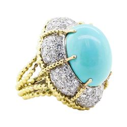 David Webb 3.20 ctw Diamond and Turquoise Ring - 18KT Yellow Gold and Platinum