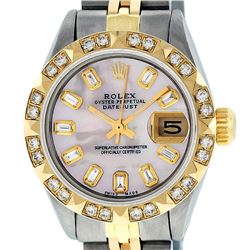Rolex Ladies 2 Tone Yellow Gold Pink Mother Of Pearl Pyramid Diamond Datejust