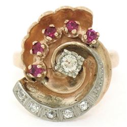 Retro Vintage 14kt Rose Gold and Platinum 0.65 ctw Diamond and Ruby Swirl Ring