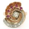 Image 1 : Retro Vintage 14kt Rose Gold and Platinum 0.65 ctw Diamond and Ruby Swirl Ring