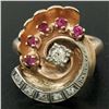 Image 2 : Retro Vintage 14kt Rose Gold and Platinum 0.65 ctw Diamond and Ruby Swirl Ring