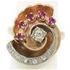 Image 4 : Retro Vintage 14kt Rose Gold and Platinum 0.65 ctw Diamond and Ruby Swirl Ring