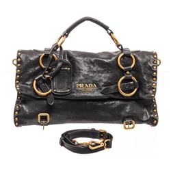 Prada Black Leather Studded Medium Satchel Bag