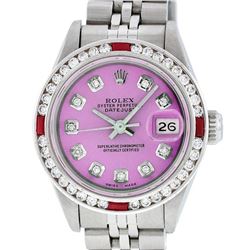 Rolex Ladies Stainless Steel Pink Diamond & Channel Ruby Datejust Wristwatch