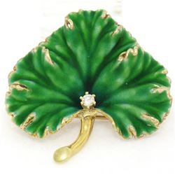 Unique Omega Vintage 14K Yellow Gold Green Enamel & Diamond Detailed Leaf Brooch