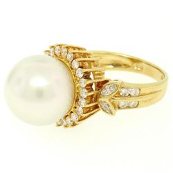 18K Yellow Gold 13.3mm South Sea Pearl Ring w/ Marquise & Round Diamonds