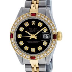 Rolex Ladies 2 Tone Yellow Gold Black Diamond & Ruby Datejust Wristwatch