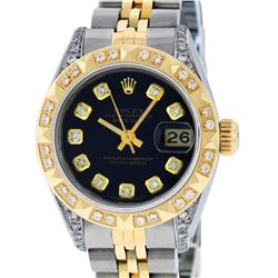 Rolex Ladies 2 Tone Yellow Gold Black Diamond & Pyramid Diamond Datejust Wriswat