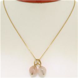 14K Yellow Gold Double 10mm Pink Rose Quartz Bead Pendant & 16" Cable Link Chain