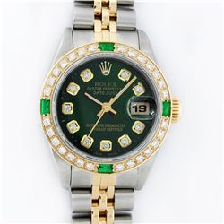 Rolex Ladies 2 Tone Yellow Gold Green Diamond & Emerald Datejust Wristwatch