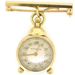 Vintage Unique 14K Yellow Gold Wittnauer 17 Jewel Mechanical Watch Pin Brooch