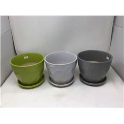 lot of 3 ceramic flower pots (green, gray, and dark gray)