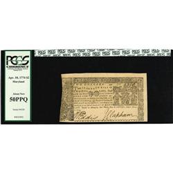 Maryland April 10, 1774 $2 PCGS About New 50PPQ. An ext 