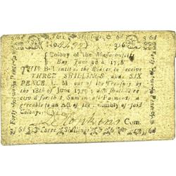 Massachusetts June 18, 1776 3s/6d About New. A single l 