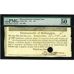 Massachusetts 1781 $16 PMG About Uncirculated 50, HOC. 