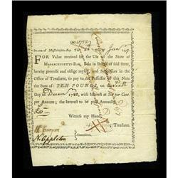 Massachusetts January 28, 1777 Bounty Note. Signed by C 