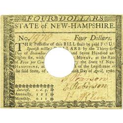 New Hampshire April 29, 1780 $4 Extremely Fine COC. Thi 