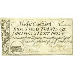 North Carolina March 9, 1754 26s/8d Extremely Fine, res 