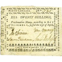 North Carolina April 23, 1761 20s Extremely Fine. 