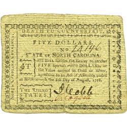 North Carolina August 8, 1778 $5 Extremely Fine. A love 