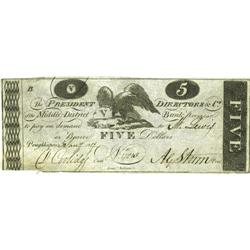Poughkeepsie, NY- Middle District Bank $5 Jan. 5, 1819 