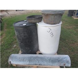 2 Poly Barrels, 4 Feed Troughs, 25' Weeping Pipe (One money for All)