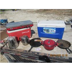 2 Cast Frying Pans, Cast Pot, 2 Coolers, Propane Cooker & 2 Kettles