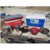 Image 1 : 2 Cast Frying Pans, Cast Pot, 2 Coolers, Propane Cooker & 2 Kettles